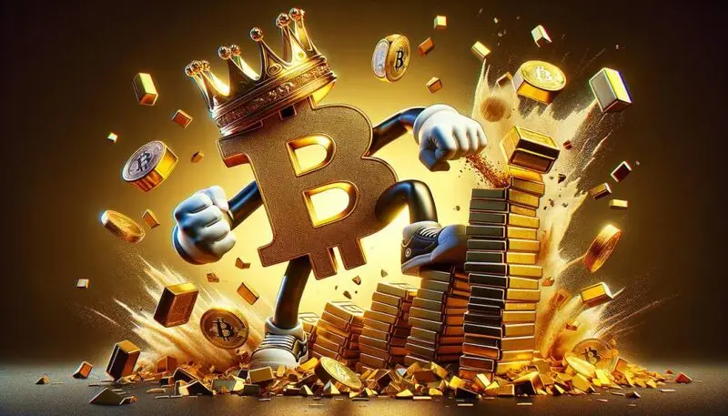 Bitcoin wearing a crown ,attacking gold bricks