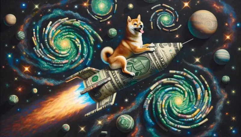 Dogecoin on a rocket playing with galaxies made of money