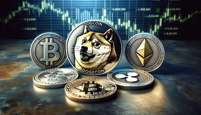 Dogecoin with different coins on desk