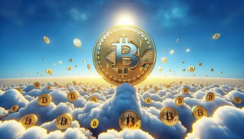 Bitcoin cryptocurrency flying through clouds