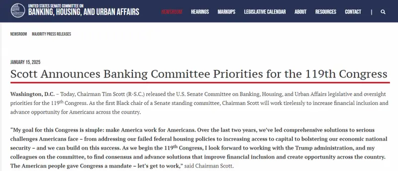 Scott Banking Committee Priorities