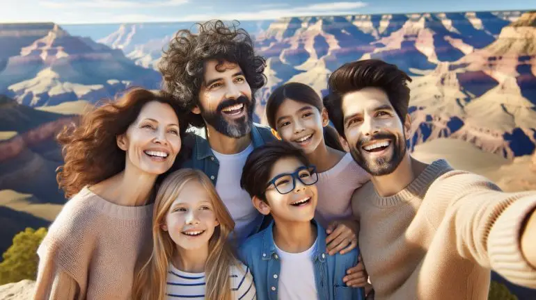 family standing happy taking a selfie at a restaurant table