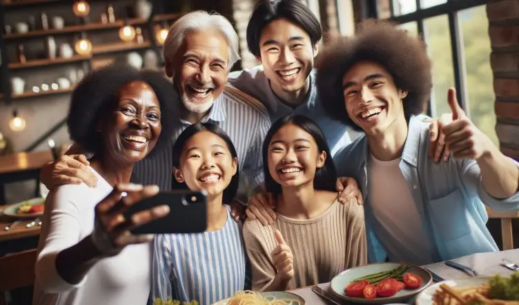 family standing happy taking a selfie at a restaurant table