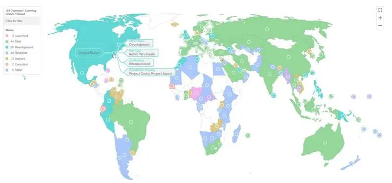  World map showing current CBDC adoption status