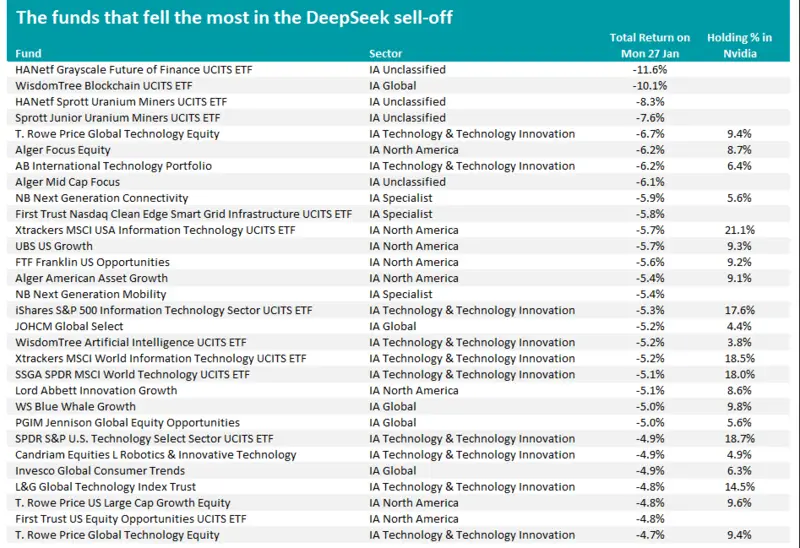 Table showing funds that fell the most in the DeepSeek sell-off