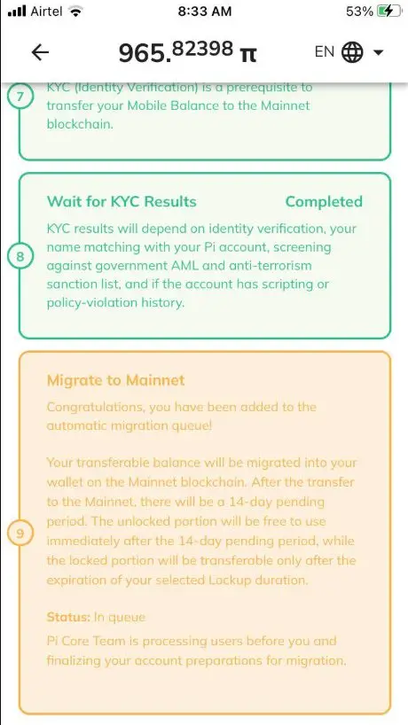 Screenshot of Pi Network KYC and migration process steps