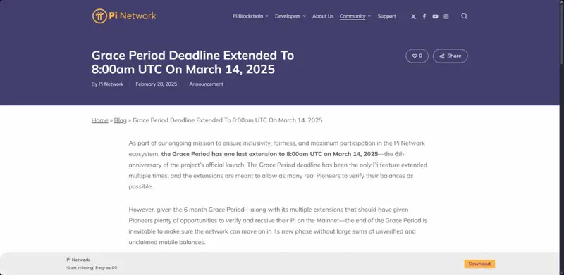 Pi Network's official blog post about the Grace Period deadline