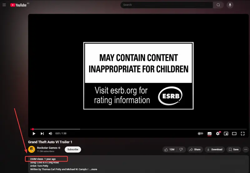 Screenshot of GTA 6 Trailer on YouTube showing view count