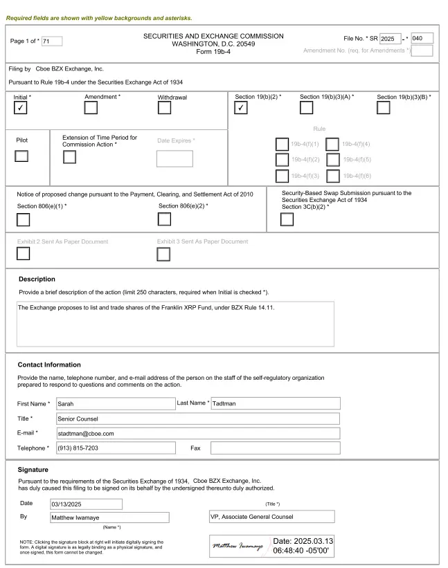 SEC Form 19b-4 filing by Cboe BZX Exchange for listing and trading shares of the Franklin XRP Fund under BZX Rule 14.11