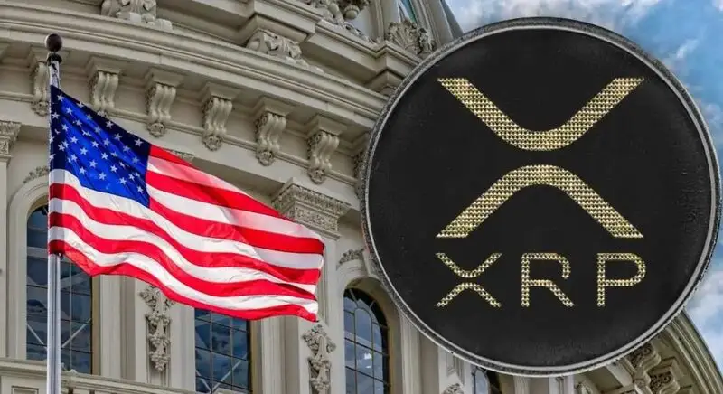 XRP logo alongside an American flag in front of a government building