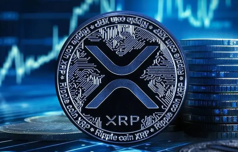 XRP cryptocurrency coin with its symbol displayed prominently against a blue background showing rising stock market charts and stacked coins, representing the digital asset at the center of Franklin Templeton's ETF filing