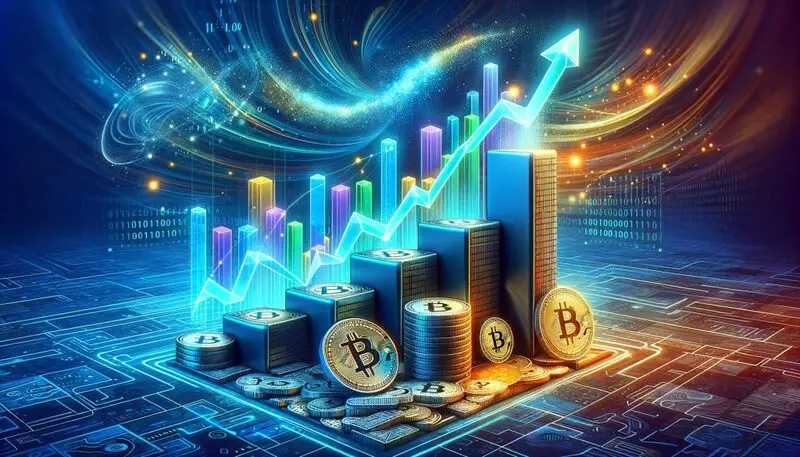 Digital cryptocurrency coins stacked in ascending order with rising chart