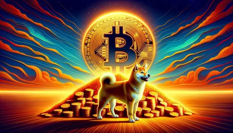 Shiba Inu dog in front of glowing Bitcoin pyramid