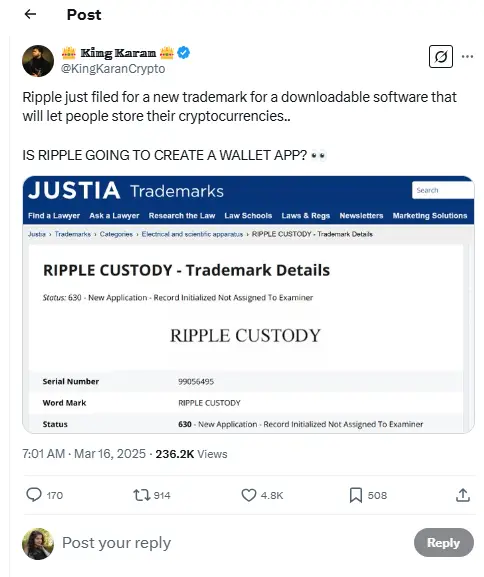 Crypto enthusiast King Karan noticed Ripple custody trademark filing