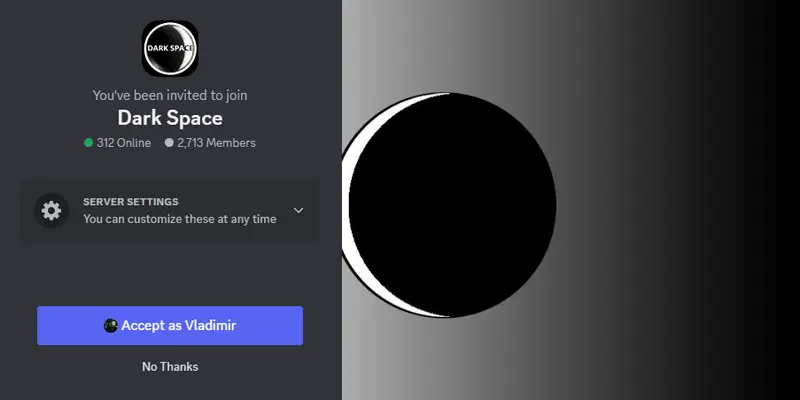 Discord invitation screen for Dark Space's server