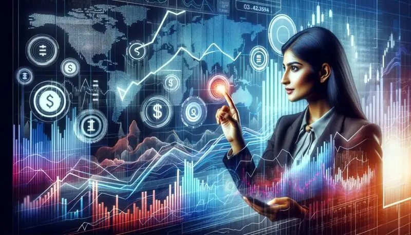 Woman investor interacting with financial dashboard showing market trends and currency symbols