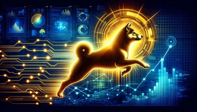 Golden Shiba Inu cryptocurrency symbol breaking through digital resistance with financial charts and crypto metrics