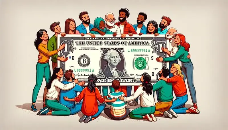  Diverse group of people holding a large US dollar bill symbolizing global dollar acceptance