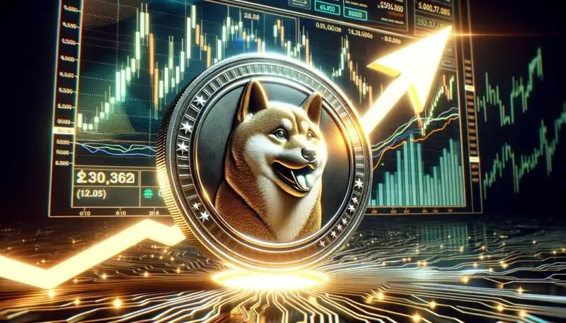 Golden Shiba Inu coin with upward golden arrow and rising price charts