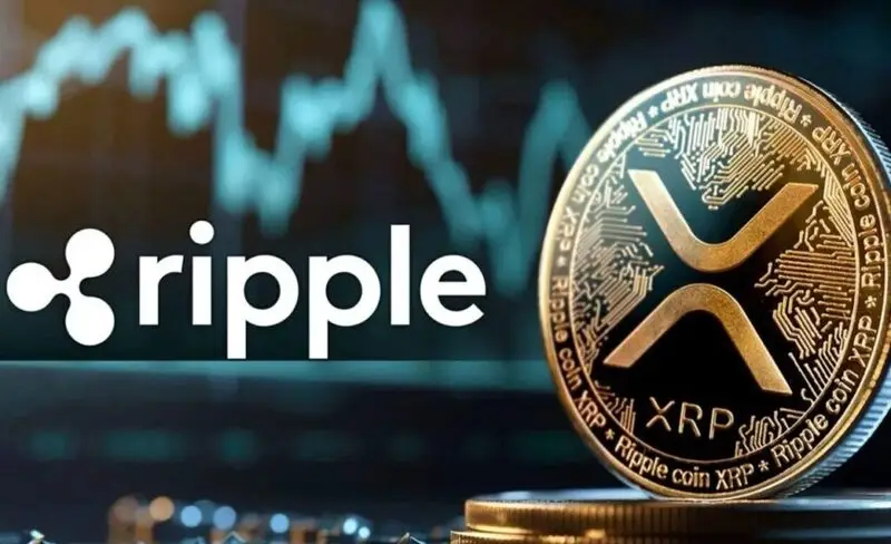 XRP gold cryptocurrency coin with Ripple logo and price chart in background