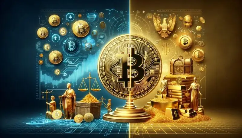Split image showing digital Bitcoin technology versus traditional gold finance