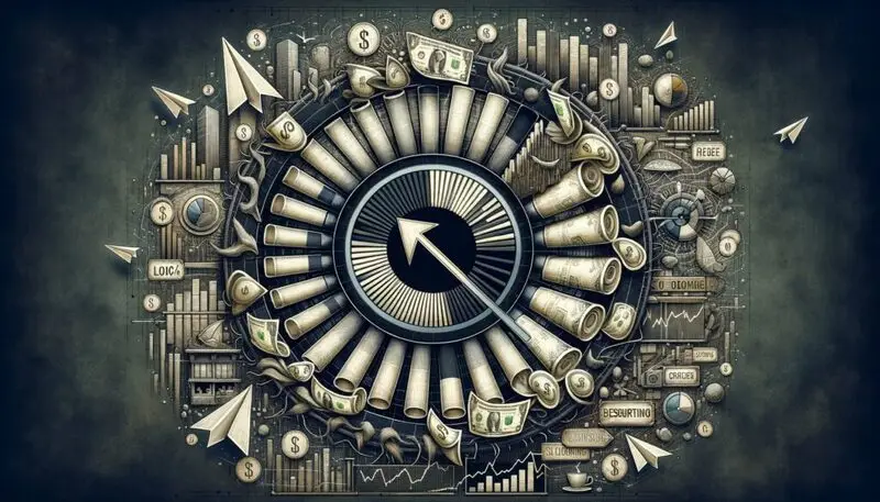 Detailed financial clock illustration with dollar symbols and market charts