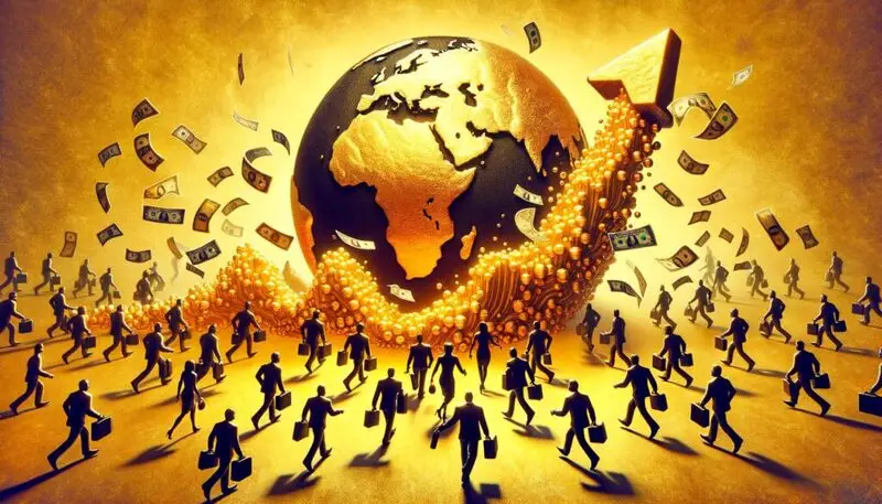 Golden globe with flowing gold and dollar bills depicting global financial shifts