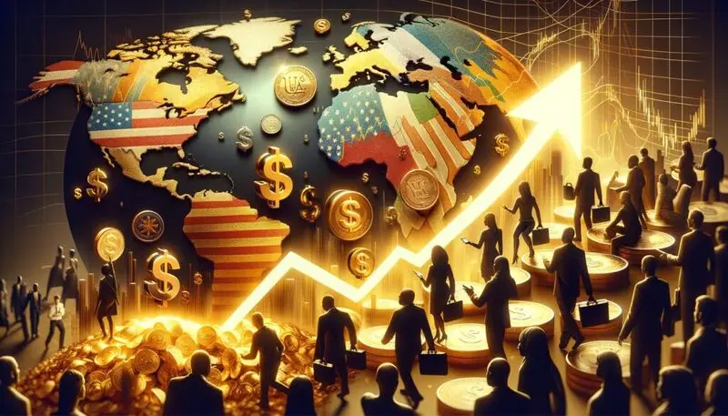 Digital globe with crypto symbols and investors surrounding it
