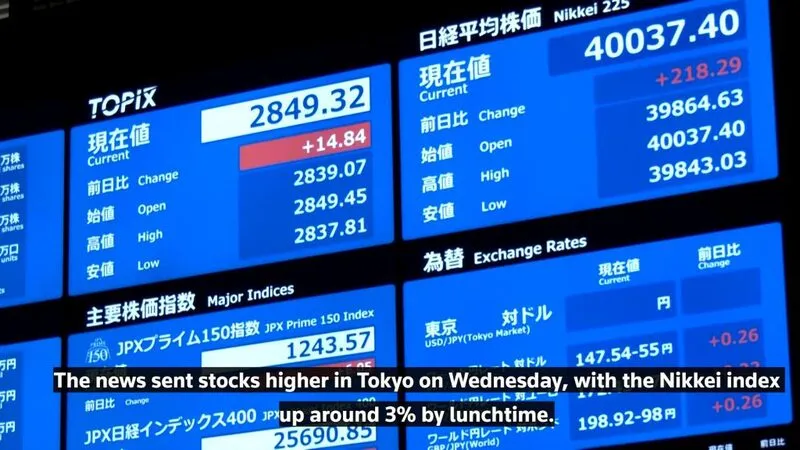 Tokyo Stock Exchange displays showing market gains