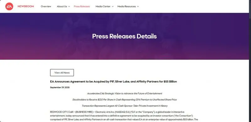 EA official press release announcement showing deal details