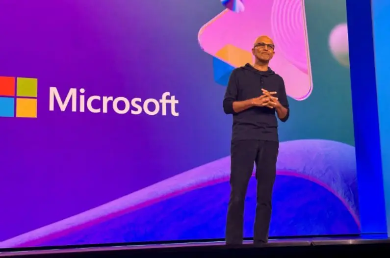 Satya Nadella on stage at Microsoft event