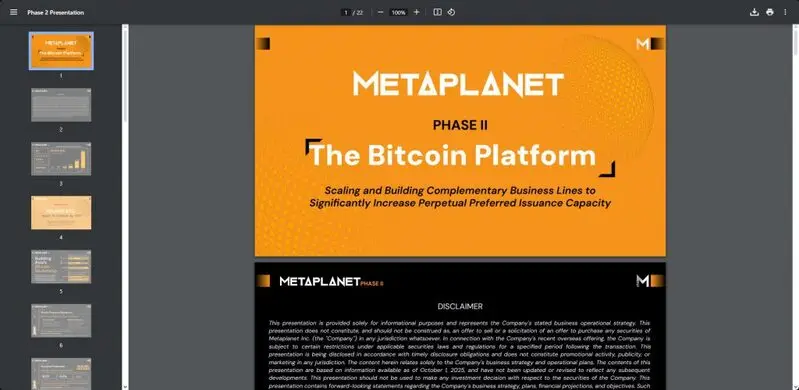 Metaplanet Phase 2 strategic presentation slide titled "The Bitcoin Platform