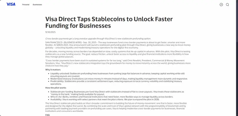 Visa Direct stablecoin business funding announcement