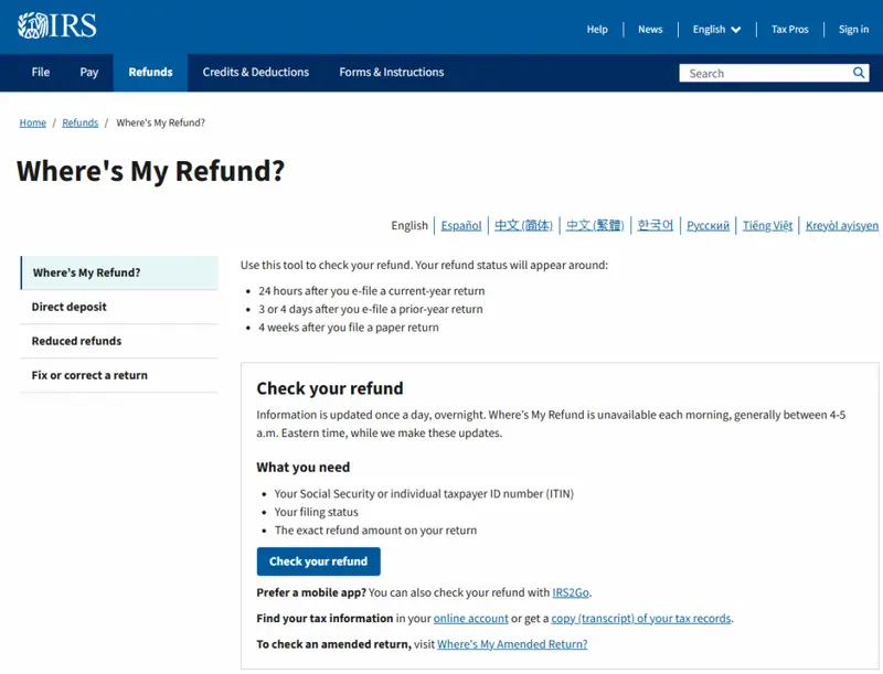 Where's My Refund" tax refund tracker website