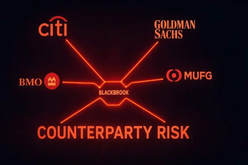 Network diagram showing Blackbrook at center connected to Citi, Goldman Sachs, MUFG, and BMO highlighting counterparty risk