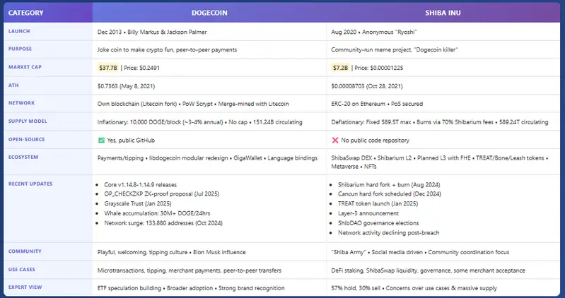 Comprehensive comparison table of Dogecoin vs Shiba Inu showing key differences in market cap, supply model, and ecosystem development