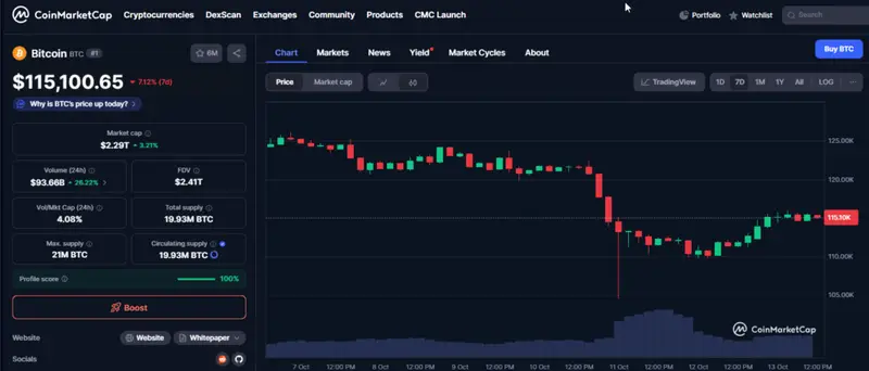 Bitcoin price chart showing drop from $125K to $115K levels