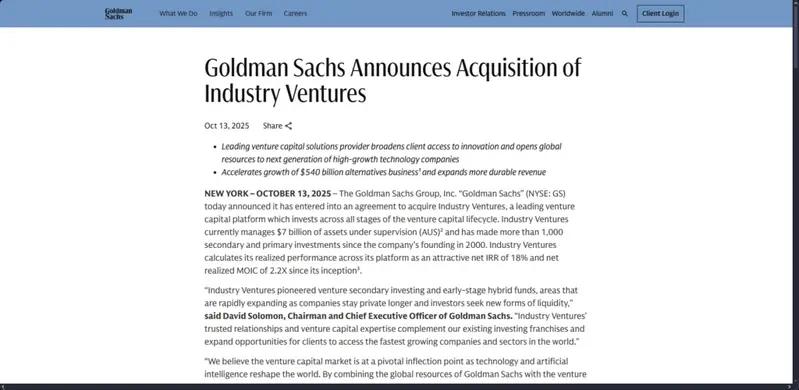 Goldman Sachs official announcement page showing Industry Ventures acquisition details