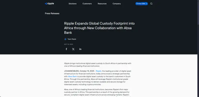 Ripple press release announcing Africa expansion with Absa Bank