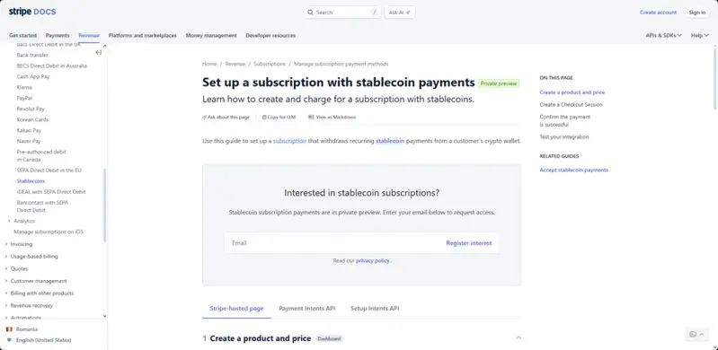 Stripe documentation page for setting up subscription with stablecoin payments