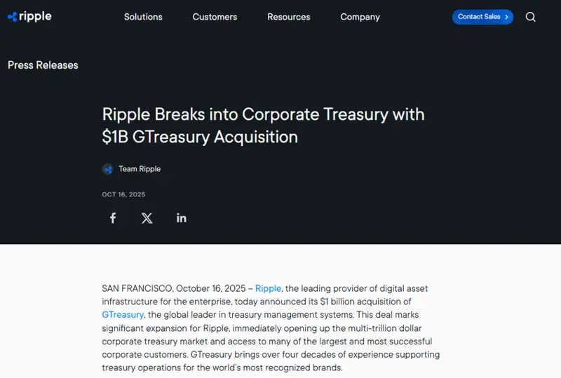 Ripple's official press release on GTreasury acquisition