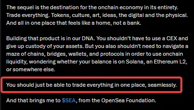 Post excerpt showing SEA token integration and "trade everything" vision