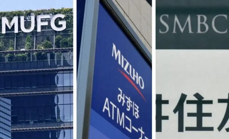 Japanese megabanks logos (MUFG, Mizuho, SMBC)