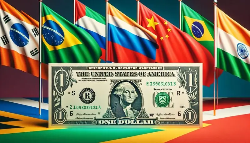 BRICS flags and US Dollar