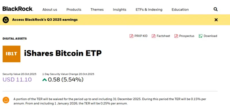 BlackRock iShares Bitcoin ETP product page showing ticker IB1T and current pricing