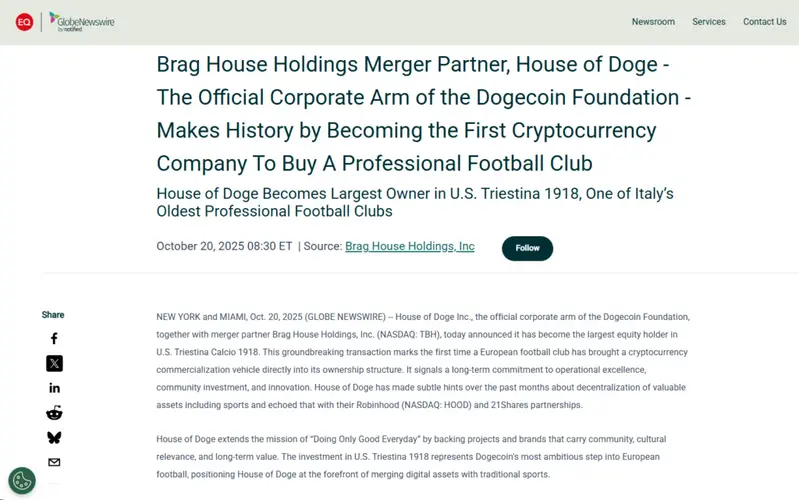 Official press release announcing House of Doge acquisition