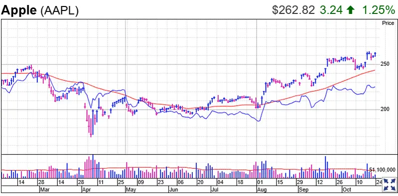 Apple stock chart showing 1.25% gain to $262.82