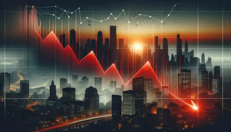 cryptocurrency Market crash visualization showing sharp red downward trend line over cityscape at sunset