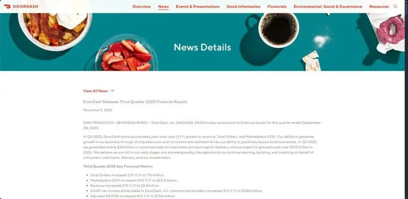 DoorDash investor relations page displaying Q3 2025 financial results announcement from November 5, 2025