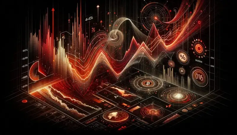 Abstract digital visualization of financial market crash with red downward trend lines and percentage indicators